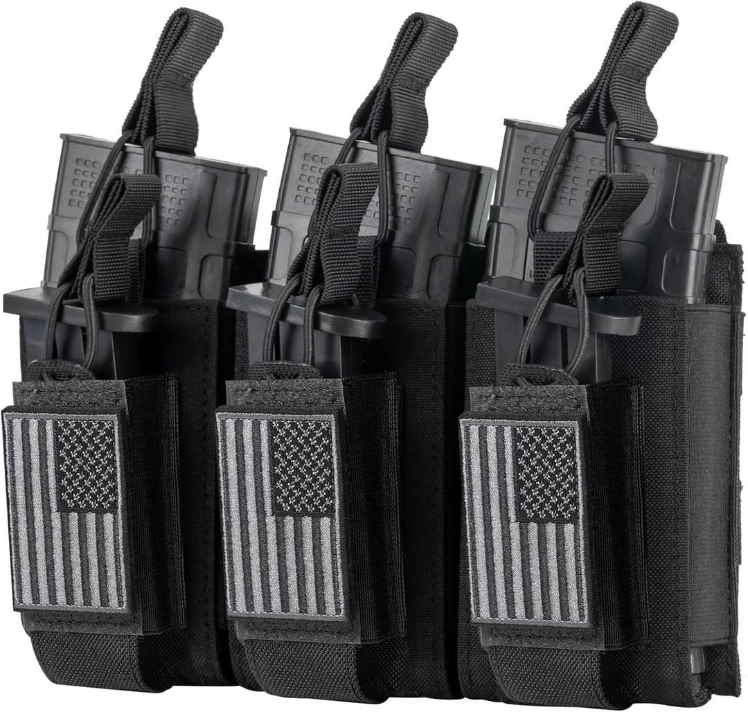 Open-Top Single/Double/Triple Molle Mag Pouch, Pistol Magazine Pouch for 5.56mm M4 M16 AK AR Glock M1911 M9, Elastic Rifle Pistol Mag Pouches Holder Carrier with USA Flag Patch