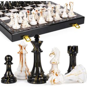 15" Large Chess Set for Adults with Weighted Acrylic Chess Pieces 3.5" King & Portable Folding Marbling Wooden Chess Board Travel Chess Sets Family Board Game Gift  Elegant Classic Chess Game