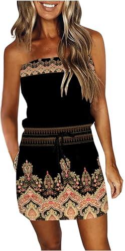 Summer Dresses for Women Casual Floral Boho Sundress Beach Cover Ups Mini Y2K Dress Drawstring Waist with Pockets M