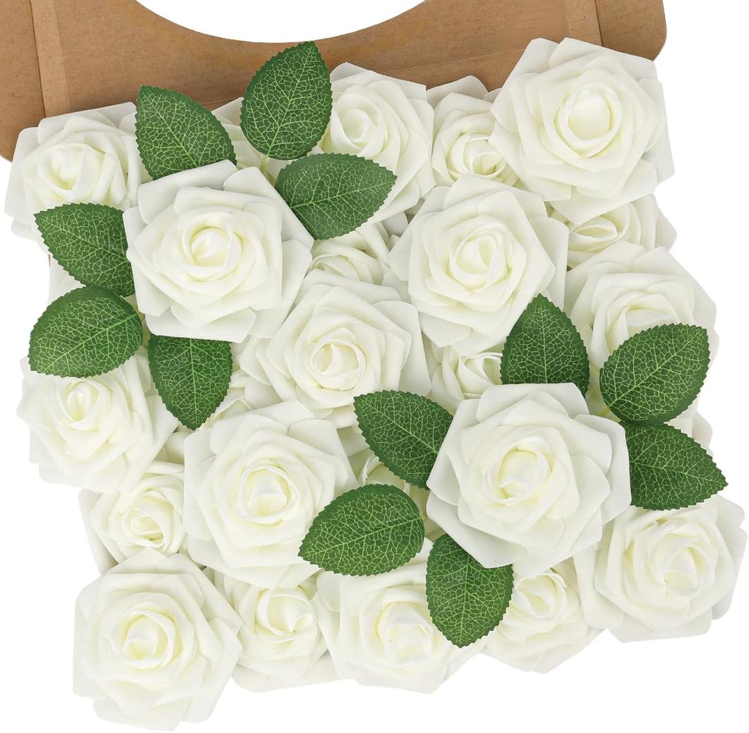 N&T NIETING Artificial Flowers, 25Pcs Fake Flowers Roses Perfect for DIY Wedding Bouquets Centerpieces Bridal Shower Party Home Flower Arrangement Decorations, Ivory