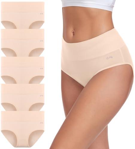 coskefy Women's High Waisted Cotton Underwear Soft Breathable Panties Stretch Briefs Ladies Panties 5 Pack M
