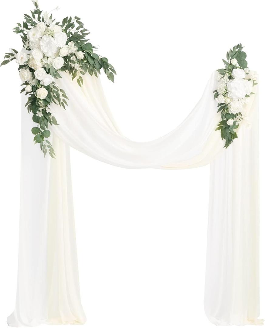Ling's Moment Artificial Wedding Arch Flowers Kit Pack of 4, 2pcs Hanging Silk Flowers Arrangement 2pcs Chiffon Drapes Ceremony Spring Fake Rose Arbor Backdrop White Sage Floral Party Outdoor Decor (Wht-white & Sage)