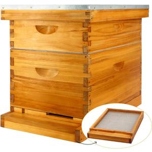 MayBee 8 Frame Screened Bottom Board Beehive Dipped in 100% Beeswax, Bee Hives Kit Includes 1 Deep Boxes & 1 Medium Hive Box with Beehive Frames and Wax Foundations. Preferred for Summer