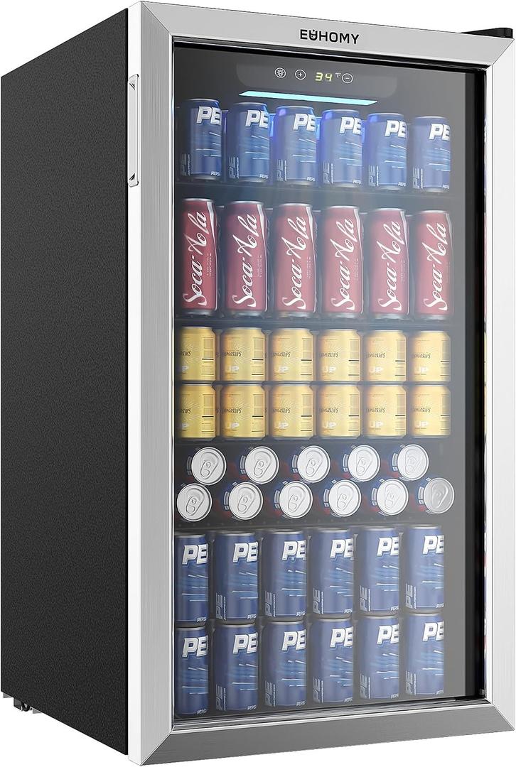 EUHOMY Beverage Refrigerator Cooler, 128 Can Mini Fridge with Glass Door for Soda Beer or Wine, Beverage Cooler for Home, Office, Bar with Adjustable Removable Shelves, Silver, 3.2 CUFT-Flat Shelf