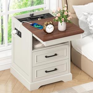 Gadroad 18" Farmhouse Accent Nightstand with Charging Station, End Table with 3 Drawers Storage, Side Table, Bedside Cabinet for LivingRoom Bedroom Office, Brown
