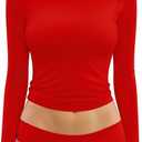 MANGOPOP Women's Tops Long Sleeve Crew Neck t Shirts Double Lined Slim Fitted Lined Tight Basic Tee Shirt (Small, Red)
