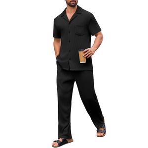 Mens Two Piece Summer Outfit Ribbed Short Sleeve Shirt and Drawstring Pants Men Beach Outfits Sets Loungewear For Travel Sleepwear Pajamas Set with Pockets Walking Suits For Men Black M