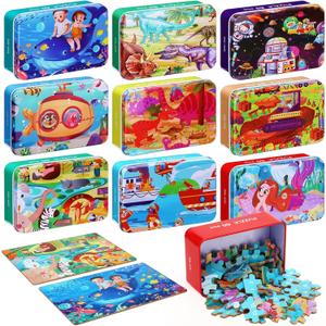 Libima 9 Boxes Party Favors Jigsaw Puzzles in a Metal Box for Age of 4-8 Wooden Puzzle for Ages 4-8 Boys and Girls Learning Educational Toys 9 Styles(Lovely Style)