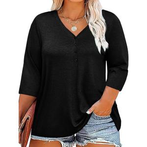 ZDC Women's Plus Size Tops 3/4 Sleeve V Neck T Shirts Button Down Basic Tunic (5X-Large, Black)