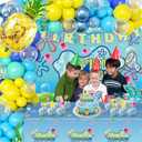 Yellow Happy Birthday Party Decorations Set-Ocean Cartoon Theme Set Including Balloons, Backdrop, Banner, Tablecloth, Hanging Swirls, Cake Cupcake Toppers Birthday Party Decor Supplies for Boys girl