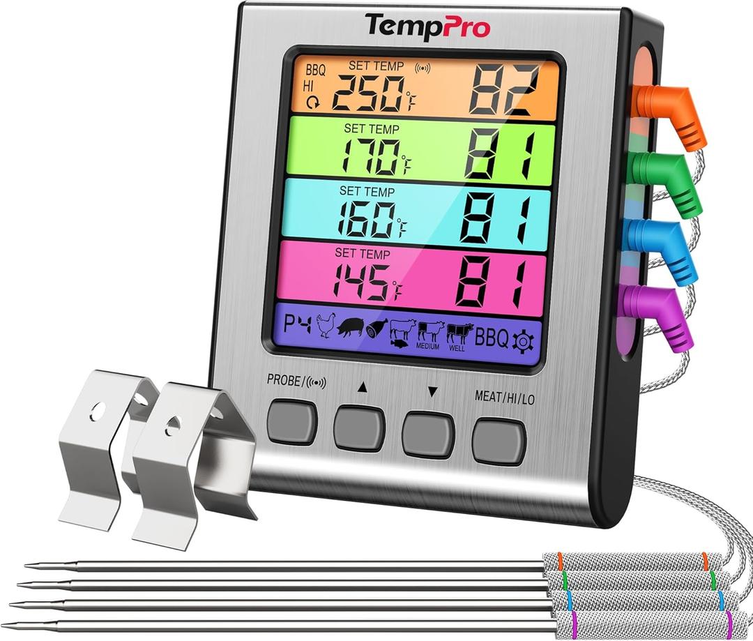 TempPro TP17H Digital Meat Thermometer with 4 Temperature Probes, HI/Low Alarm Smoker Food Thermometer with Colored Backlit LCD, BBQ Thermometer for Cooking Grill Kitchen Oven (Previously ThermoPro)