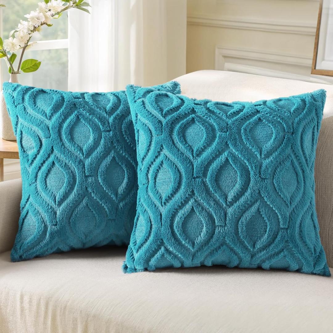 decorUhome Throw Pillow Covers 20x20 Inch Set of 2, Soft Plush Faux Wool Teal Solid Couch Pillow Covers, Accent Farmhouse Neutral Square Pillow Cases for Sofa Bed Living Room Home Decor