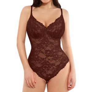 Popilush Shapewear Bodysuit V Neck Tummy Control Backless Lace Tank Tops Sleeveless Thong Bodysuit (XXL (14-16), Brown)
