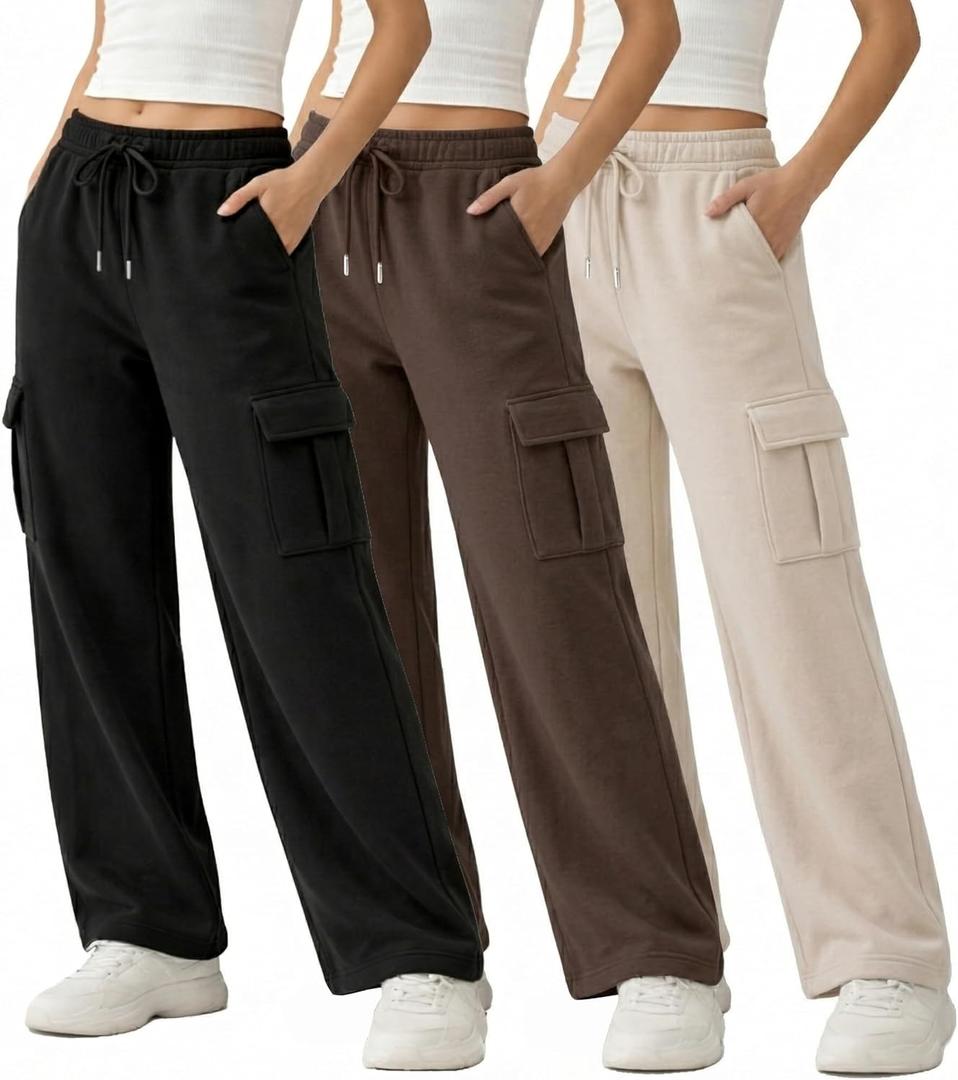 Common Stitch 3 Pack Wide Leg Cargo Fleece Sweatpants for Women 4 Pockets, Relaxed Fit, Elastic Drawstring Waist, Small