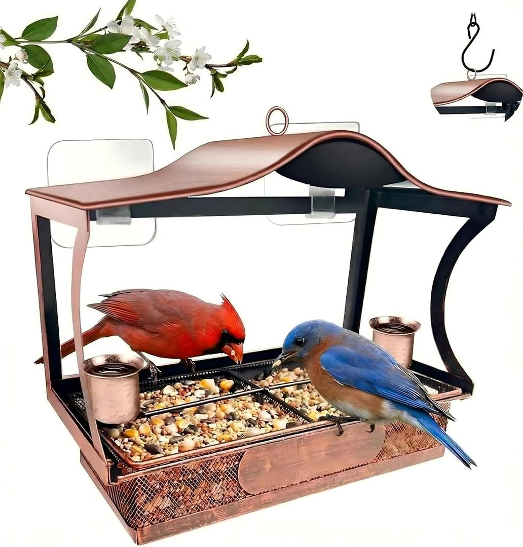 Window Bird Feeder, Metal Window Bird Feeder with 4 Strong Suction Cups, Wild Bird Feeders for Outdoors Hanging, Removable Tray with 2 Water Cups, Easy Clean and Fill