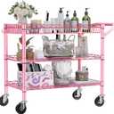 NTE Utility Cart with Wheels, 990lbs Capacity Metal 3 Tier Rolling Carts, NSF Kitchen Carts On Wheels with Storage, Heavy Duty Utility Cart with Handle & Wire Shelf for Indoor & Outdoor Use, Pink