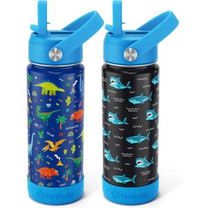 Fimibuke Kids Insulated Water Bottle, 18oz BPA FREE Kids Cups with Straw Double Wall Vacuum Tumbler 18/8 Stainless Steel Leak Proof Toddler Water Bottle for School Boys Girls (2 Pack, Dinosaur/Shark)
