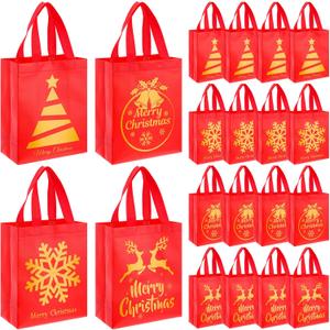 Wesnoy 24 Pcs Christmas Gift Bags Bulk 10 x 8 x 4 Inch Christmas Red Gold Non Woven Party Favors Goodies Candy Bags with Handles for Holiday Gift Birthday Party Supplies