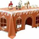 Gingerbread House Christmas Tablecloth, Reusable Funny Christmas Tablecloth Rectangle,Festive Winter Pattern Cloth,Interactive Playhouse with Playful Cut-Out Windows, for Party Kitchen Decor