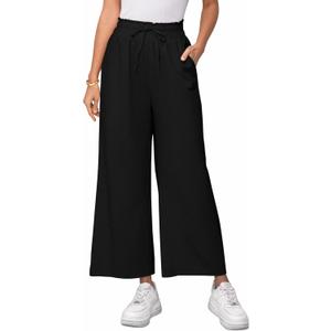 Women's Linen Pants Relaxed Fit High Waisted Boho Chic Ankle Pants Summer Beach Vacation Wide Leg Trousers (Black, XL)