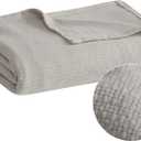 Madison Park Freshspun Basketweave Luxury Cotton Blanket Grey 108x90" King Size Basketweave Premium Soft Cozy 100% Cotton For Bed, Couch or Sofa