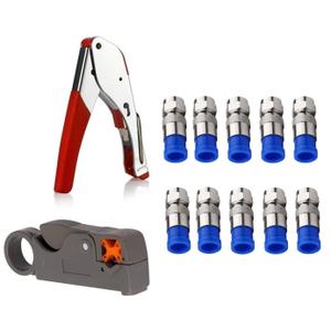 Coax Cable Crimper Tool Kit, rg6 rg59 Coaxial Compression Tool, Wire Stripper, 10pcs RG6 F Connectors