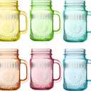 Amzcku Vintage Colored Drinking Glass Mason Jar 16 OZ with Comfortable Handle for Party Beverages 6 pcs