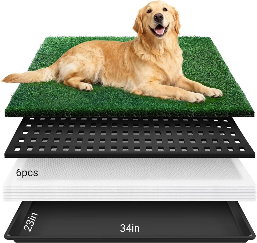 Dog Grass Mat with Tray, 34"x23" Artificial Grass Pee Pads for Dogs Turf Toilet, Reusable Potty Pads for Dogs with 6 Disposable Urine Mats, Indoor/Outdoor Toilet Training EVA Waterproof Base