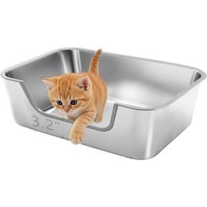 Low Entry Stainless Steel Litter Box for Small Cat, Metal Kitty Litter Boxes for Kittens Injured Cats, Shallow Litter Pan for Small & Medium Pets, Easy to Clean, Non-Stick, 17.7"Lx13.8"Wx5.9"H