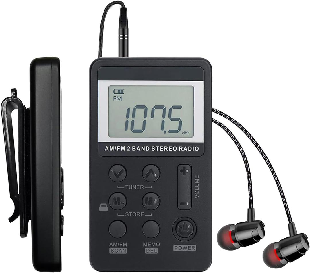 Portable AM/FM Pocket Radio with Digital Tuning LCD Display, SWDSTP Rechargeable Mini Radio with Stereo Earphone and Removable Belt Clip for Walking, Jogging