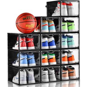 12 Pack Large Shoe Storage Box, Clear Shoe Storage Organizer with Magnetic Door, Stackable,Shoe Containers For Display Sneakers, Easy Assembly, Fit up to US Size 12, Transparent