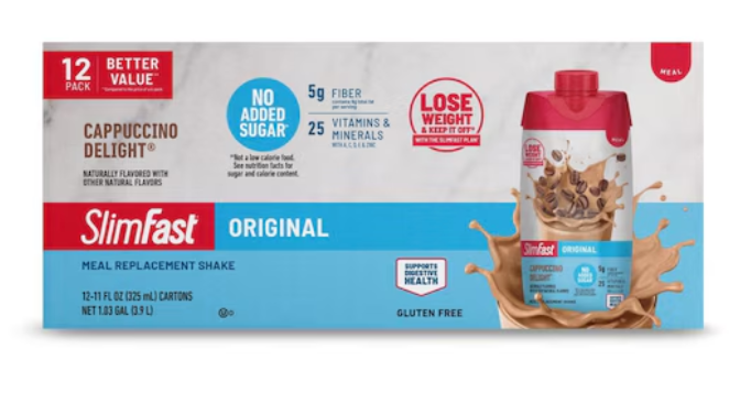 SlimFast Original Meal Replacement Shake, Rich Cappuccino Delight, 11oz, 12ct, (EXP 01/01/28)