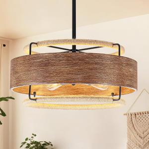 19.5" Farmhouse Rattan Chandelier Light Fixture, 4-Light Boho Drum Chandeliers with Wood Texture, Hand-Woven Rattan Pendant Light for Dining Room Kitchen Island Living Room Bedroom Hallway