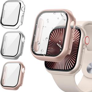 Tensea [3Pack for Apple Watch Screen Protector Case Series 10 42mm, iWatch Protective Face Cover, Tempered Glass Film Hard PC Bumper for Women Men, Ultra-Thin Guard (Clear/Silver/Rose Gold)