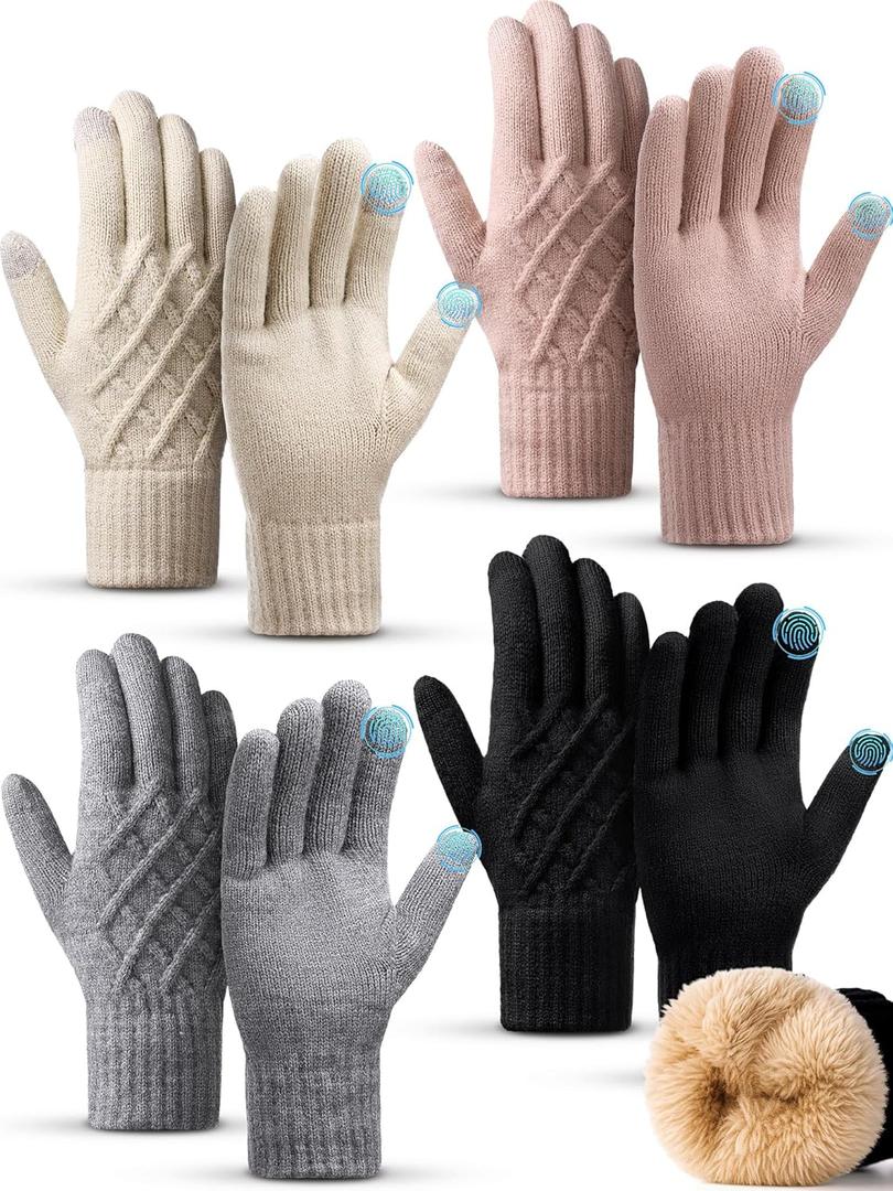 Mepase 4 Pair Winter Wool Gloves for Women Men Fleece Lined Touchscreen Glove Thermal Warm Thick Knit Glove for Cold Weather (Black Pink Beige Light Gray)