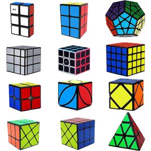 Ahyuan Speed Cube Set 12 Pack Magic Speed Cube Bundle 1x2x3 2x2x2 2x2x3 3x3x3 4x4x4 Cube Pyramid Triangle Cube Mirror Skew Axis Windmill Ivy Megaminx Cube Toys for Kids & Adults (Style A)