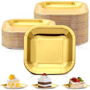 Dandat 100 Pack 7 Inch Paper Square Plates Appetizer Disposable Cake Plates Disposable Lunch Metallic Foil Dessert Tableware for Graduation Birthday Wedding Anniversary Party Supplies (Gold)