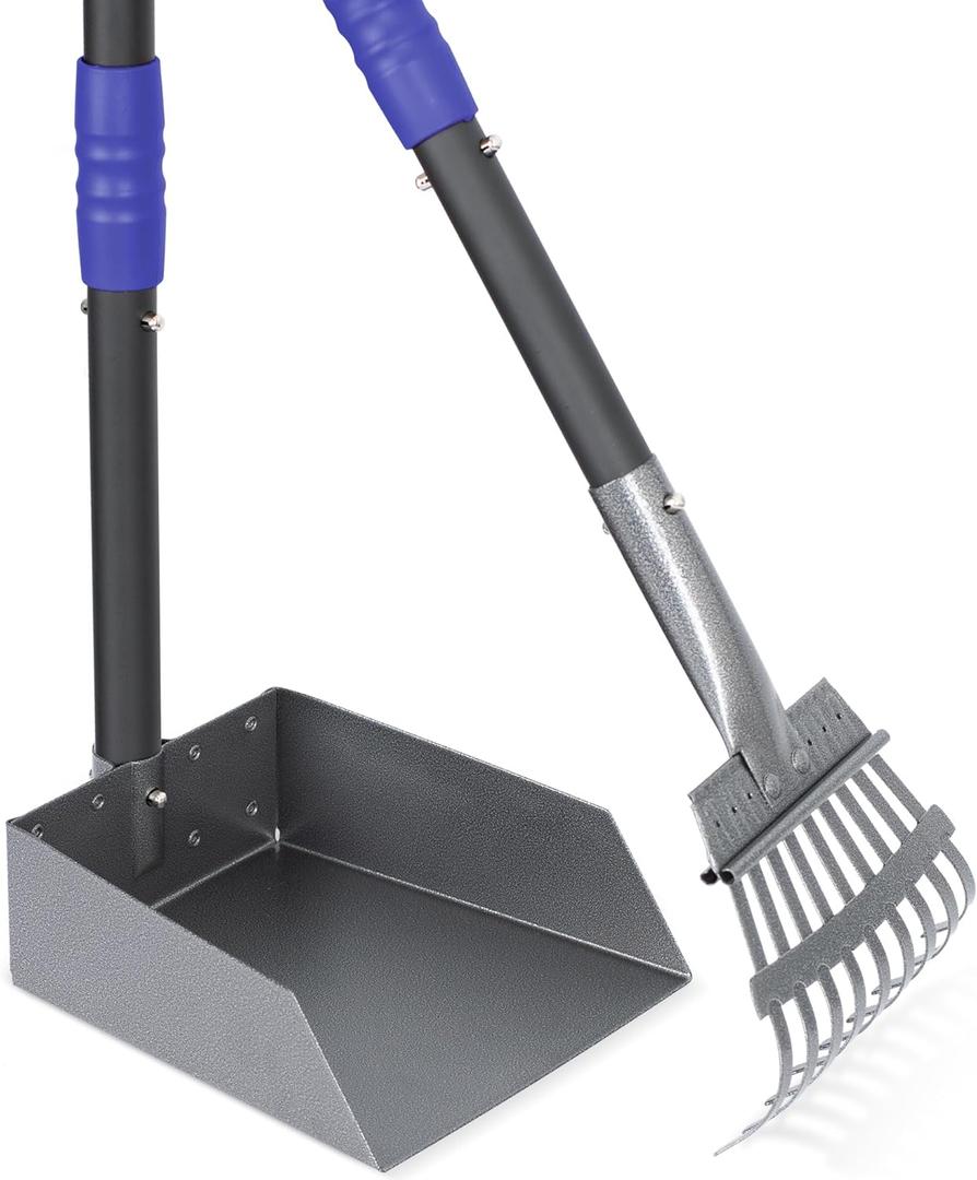 Heeyoo Dog Pooper Scooper, Dog Poop Tray and Rake Set, Pet Waste Removal Scoop with Long Adjustable Sectional Stainless Handles (Black/Blue)