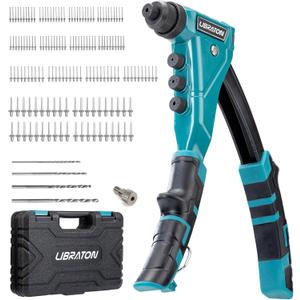 LIBRATON Heavy-Duty Rivet Gun, Pop Rivet Gun Set, Professional Hand Riveter, Manual Riveting Tool with 160 Aluminum Rivets, Includes 4 Drill Bits, 4 Tool-Free Interchangeable Nozzles, Storage Case