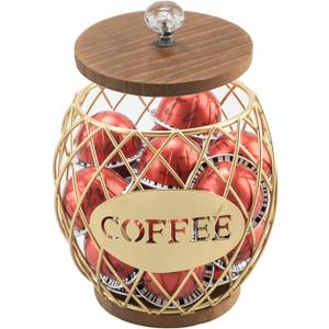 Coffee Pod Holder Compatible with 60 Nespresso Original Line Pods for Coffee Station Corner Organizer K-Cup Vertuo Capsules Wire Metal Basket With Wooden Lid Crystal Handle Golden Color