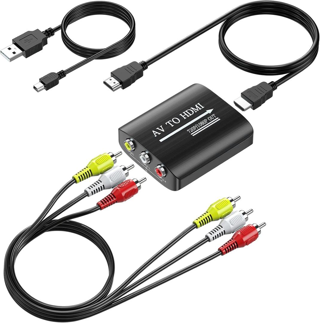 GINGIN RCA to HDMI Converter, AV to HDMI Converter for TV/PC/N64/Wii/PS1/PS2/PS3/STB/Xbox/VHS/VCR/Blue-Ray DVD Players, with 3.3ft RCA and HDMI Cables