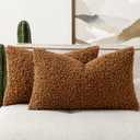 Woaboy Faux Fur Throw Pillow Covers 20x12 Inch Set of 2 Boucle Neutral Decorative Lumbar Sherpa Fuzzy Accent Soft Sheepskin Fleece Cushions Modern Home Fall Decor for Couch Bedroom Living Room,Brown