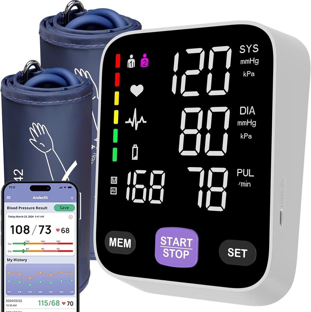 Wireless Bluetooth Accurate Automatic Upper Arm Type Blood Pressure Monitor for Home use with 17" Large and 21" Extra Large XL bp Cuff Color Screen USB Blood Pressure Machine Apple Health Free APP