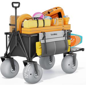 51" Beach Wagon with 10" PU Balloon Wheel,440LBS Beach Cart with Rear Tailgate, Foldable Wagon for Sand, Grass and Gravel,Black (Pump Included)