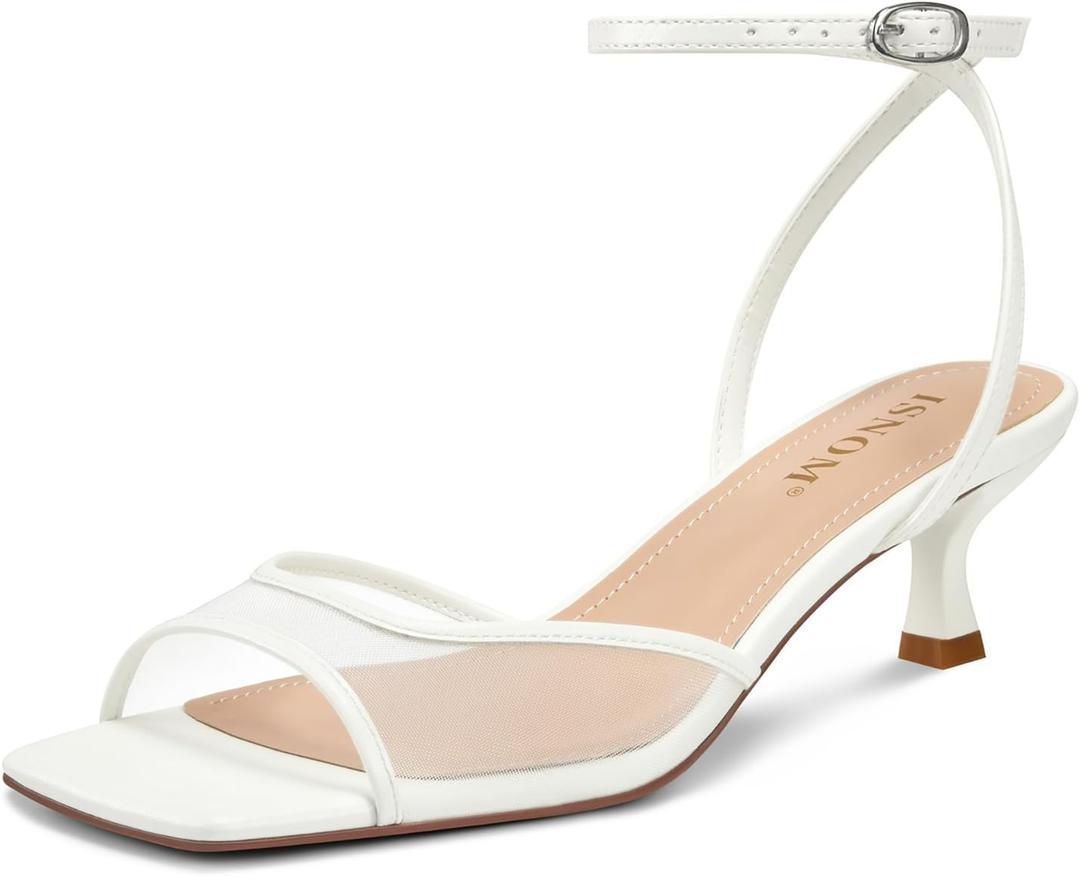 ISNOM Womens Mesh Kitten Heels Sandals Square Toe Ankle Buckle Strap Low Heels Comfort Summer Dress Shoes (Size 8.5)