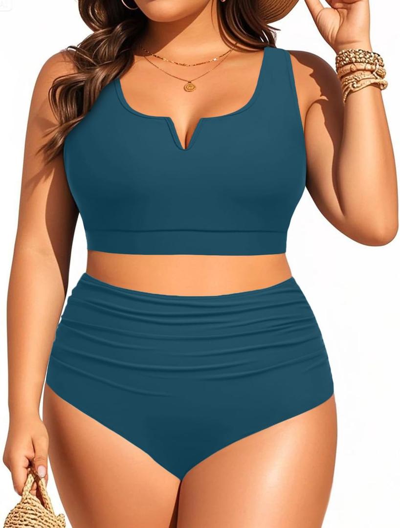 Aqua Eve Women Plus Size High Waisted Bikini - Two Piece Swimsuit Tummy Control Bathing Suit V-Wired 2025 Swimwear, 12W, Teal