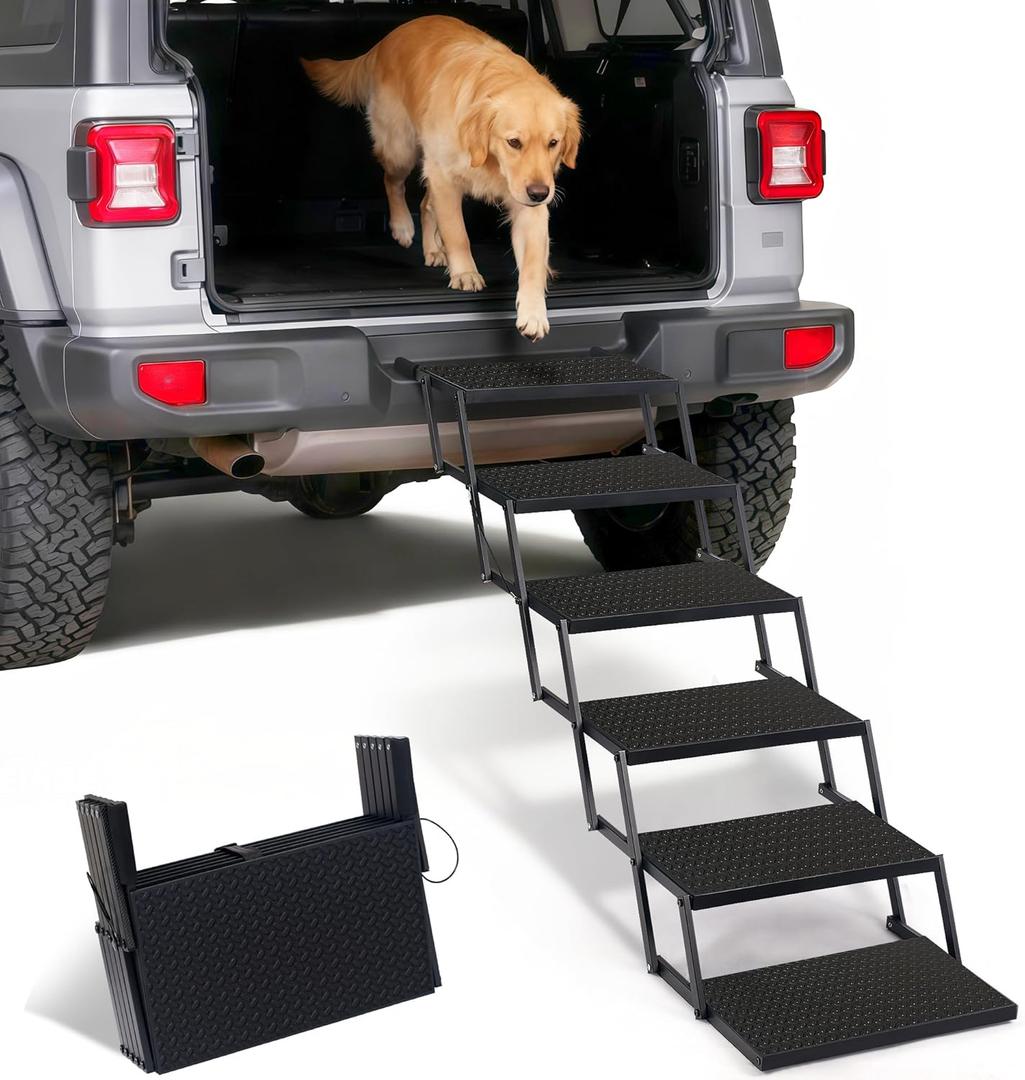 Foldable Dog Car Steps - Upgraded Non-Slip Pet Stairs for Large Dogs, Portable Metal Frame Dog Ramps for High SUV, Truck and Cars, Lightweight Pet Ladder with High Load-Bearing CapacityUp to 350Lbs