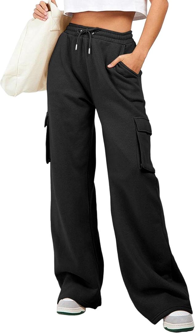 Aleumdr Women High Waisted Drawstring Wide Leg Cargo Pants 2025 Trendy Casual Baggy Joggers Pants with Pockets (Medium, Black)