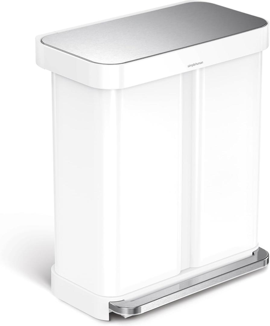 simplehuman 58L Liner Rim Rectangular Recycler, 24L+ 34L, White (White Stainless Steel)