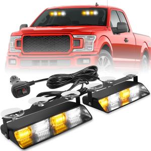 HLauto 2002L Emergency Dash Strobe Lights: Amber White Safety Lights, Flashing Warning Hazard Windshield Visor Traffic Light Bars for Trucks, Construction Vehicles (2x8.5 inch, 48LED)